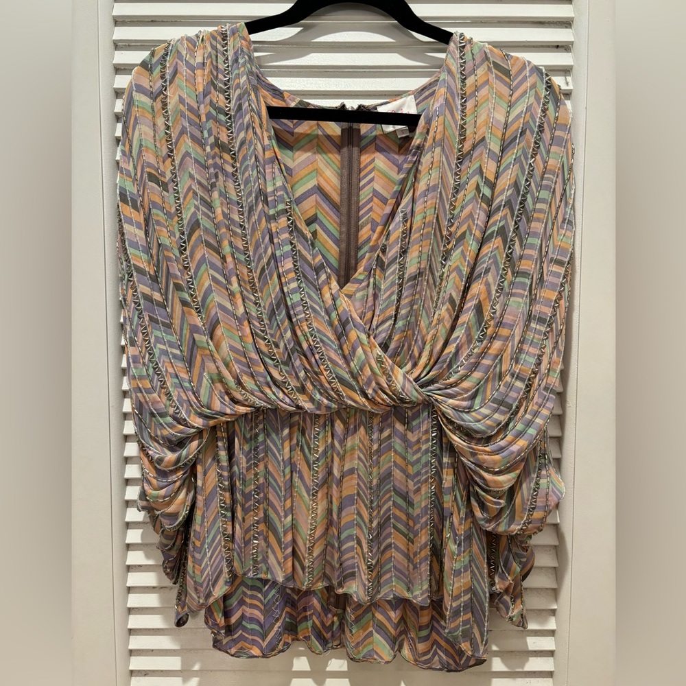 Parker Zig Zag Pastel Beaded Batwing Silk Blouse size Small